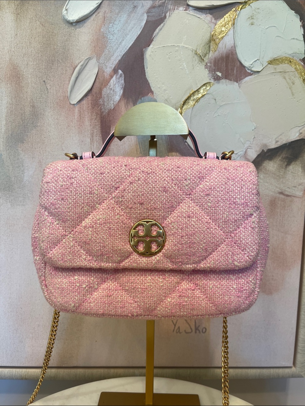 Tory Burch Quilted Tweed Mini Top Handle with Crossbody in Pink